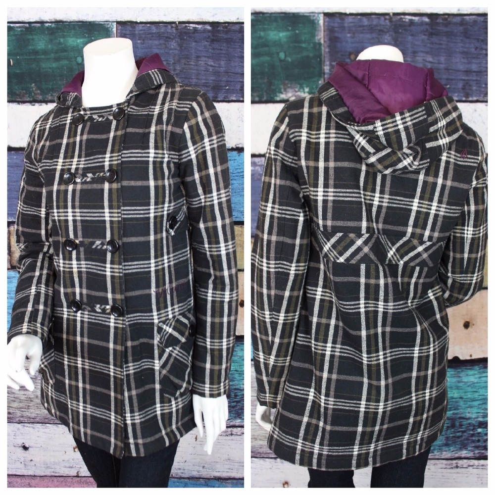 Volcom Plaid Double Breasted Hooded Peacoat